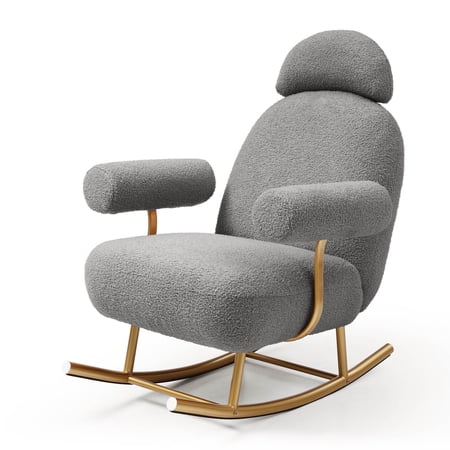 Upholstered Rocking Chair,with High Backrest, Armrest and Adjustable Headrest, Comfortable Nursery Rocking Chair for Living Room, Bedroom, Office(Grey)