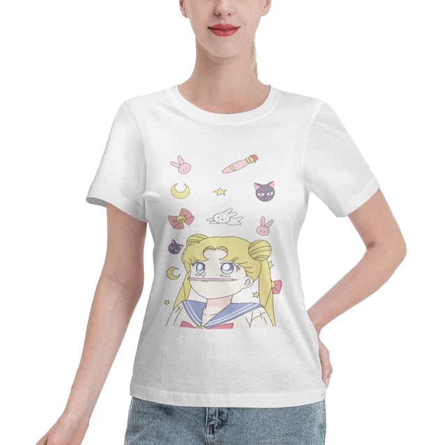 T-Shirt Basique à Manches Courtes pour Femmes Sailor Moon Lièvre Lunaire