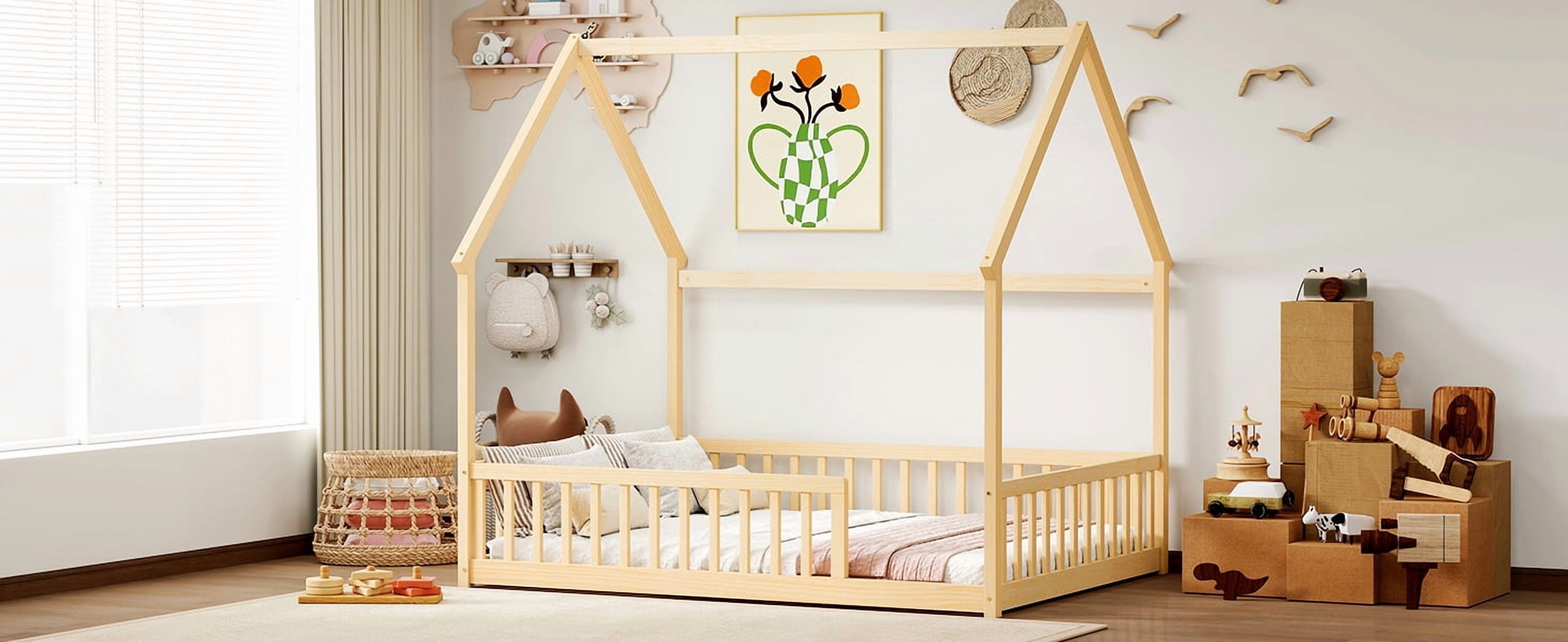 Full Size House Floor Bed with Roof Frame, Pine Wood Floor Bed with Safety Guardrails, Natural