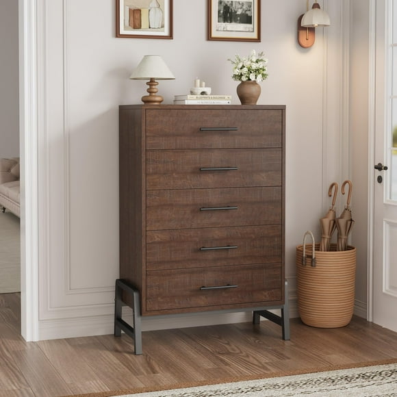 5 Drawer Dresser for Bedroom, Wood Chest of Drawers with Metal Legs, Freestanding Clothes Storage Organizer, Dresser Narrow Nightstand, Brown