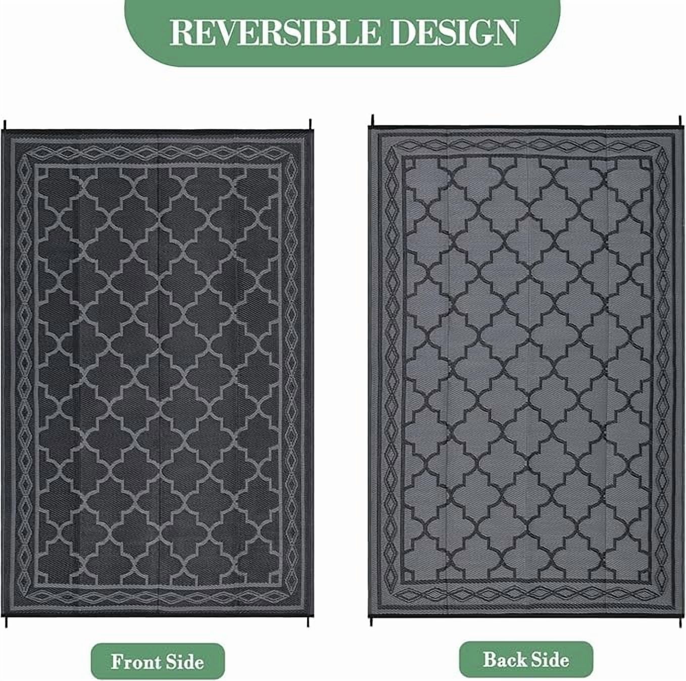 Outdoor Rug 10x14 Reversible Mats, Plastic Straw Rug, Large Floor Mat and Rug for Outdoors, Modern Area Rug, Patio, Backyard, Deck, Picnic, Beach, Trailer, Camping, Black/Grey(Geometric)