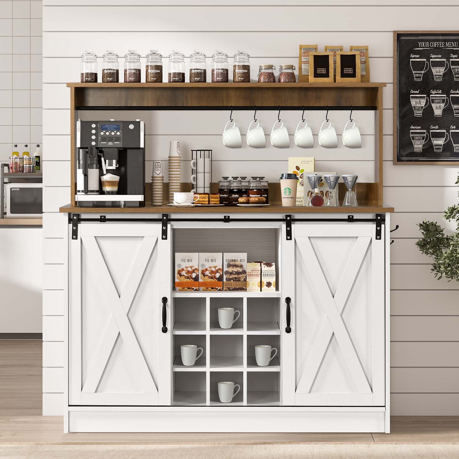 DreamCurship Farmhouse Coffee Bar Cabinet with Storage, 47" Buffet Cabinet Kitchen Storage Cabinet with Hutch, Coffee Station, Rustic,Wood，White