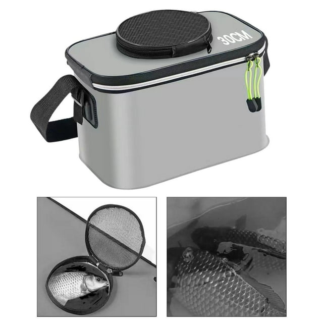 Cubo de pesca portátil con correa, plegable, resistente, de gran capacidad, organizador de almacenamiento, contenedor de peces para acampar al Gris