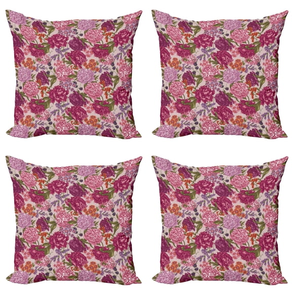 Ambesonne Shabby Flora Throw Pillow Cover 4 Pack, Wild Flora Vintage, 24", Multicolor