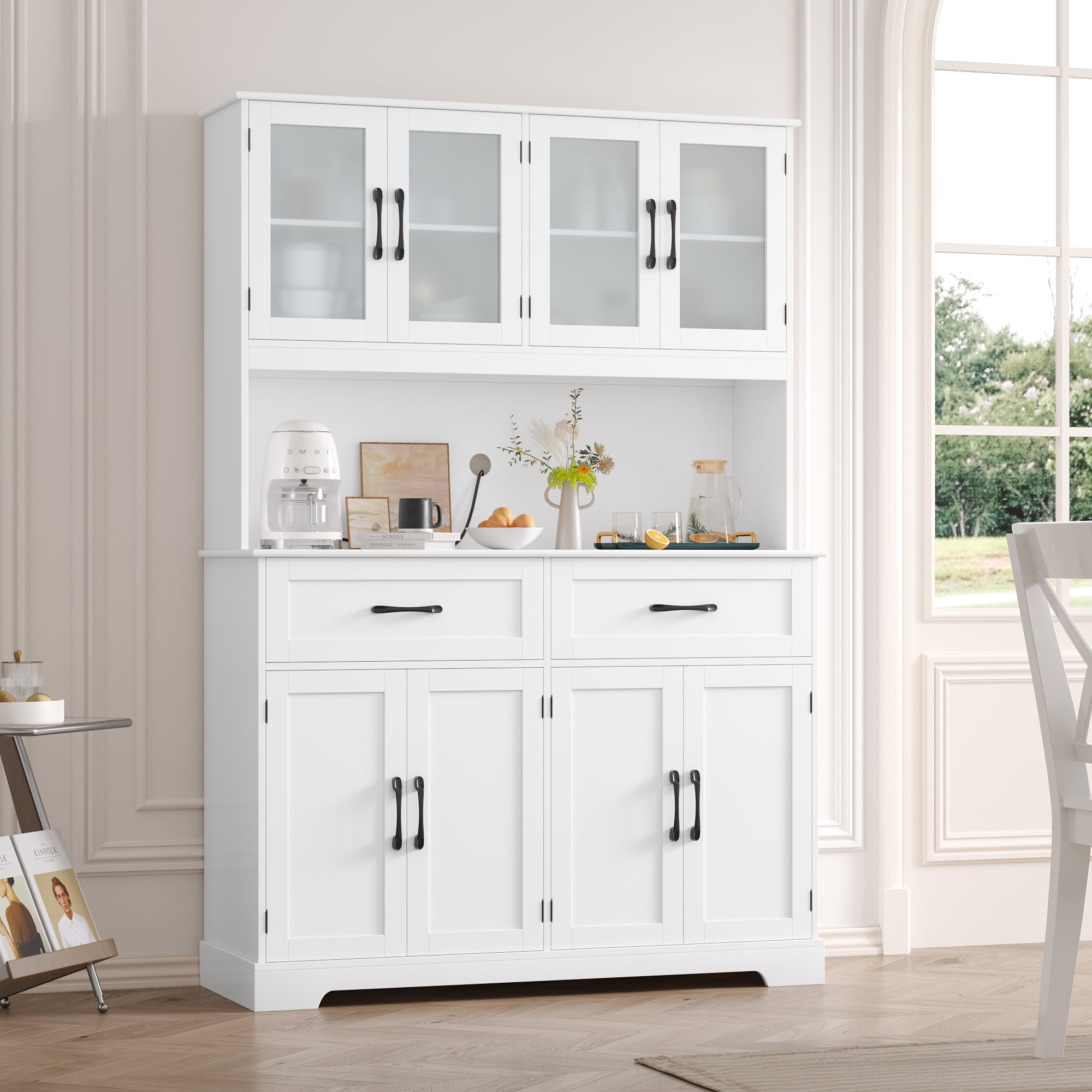 Homfa 71'' Tall 2 Drawer Kitchen Pantry Buffet Hutch, 4 Door Freestanding Cupboard Storage Cabinet, White