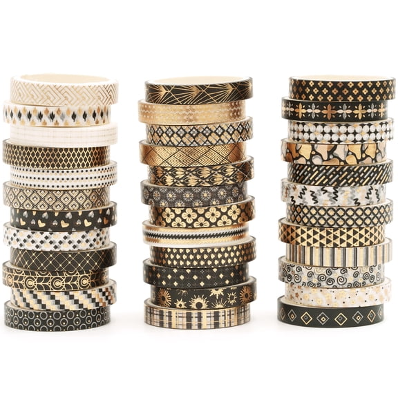 YUBX Skinny Washi Tape Set 36 Rolls Gold Foil Decorative Tapes - Black & Gold