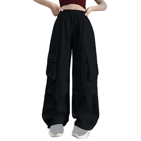 Bmisegm Girls Cargo Pants Kids Casual Loose Fit Wide Leg Fashionable Trousers for Big Kids Youth Teenager Comfortable Playwear Trousers for Girls 6-16 Years 02_Black,9-10 Years