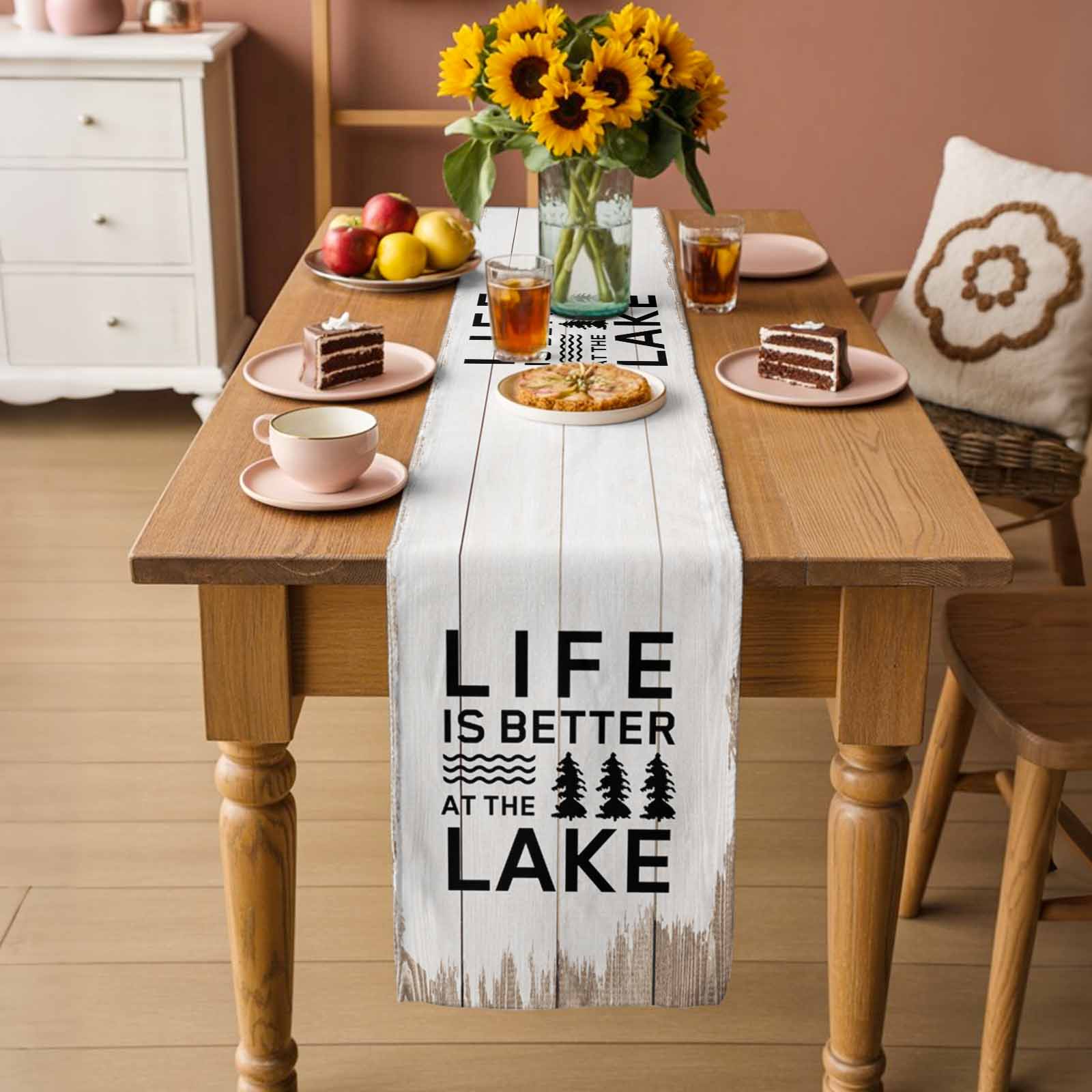 Life Is Better at The Lake Table Runner, Rustic Black Artistic Aesthetics Washable Cotton Linen Table Runners 90 Inches Long, Dresser Scarf Runner for Dining/Coffee/Kitchen/Hallway Tables 13''x90''