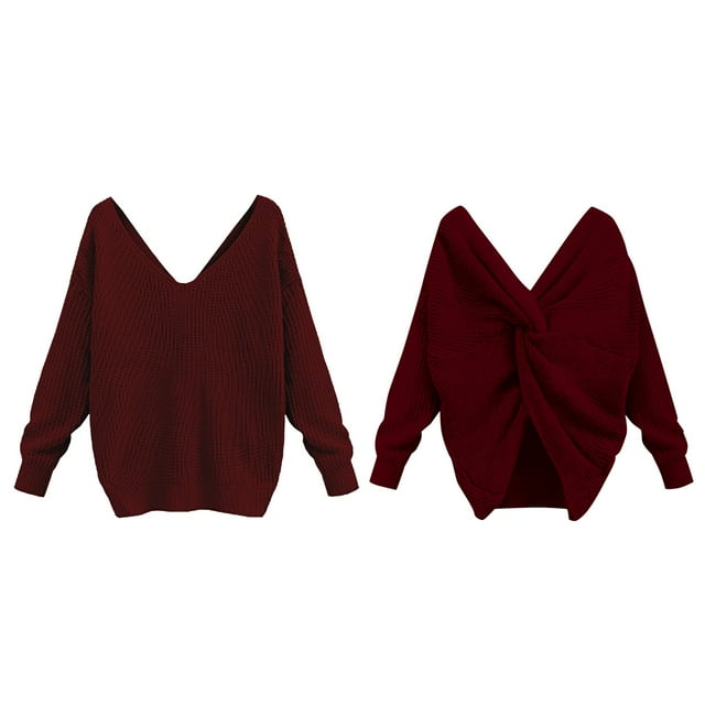 Women's Two Piece V Neck Knotted Over Open Back Knit Sweater Topdacron