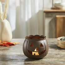 VHC Brands Jack-O-Lantern Candle Holder Bronze , Fall and Halloween Kitchen Dining Table Candle Holder, Pumpkin Decor Bronze, 4.25x5.25