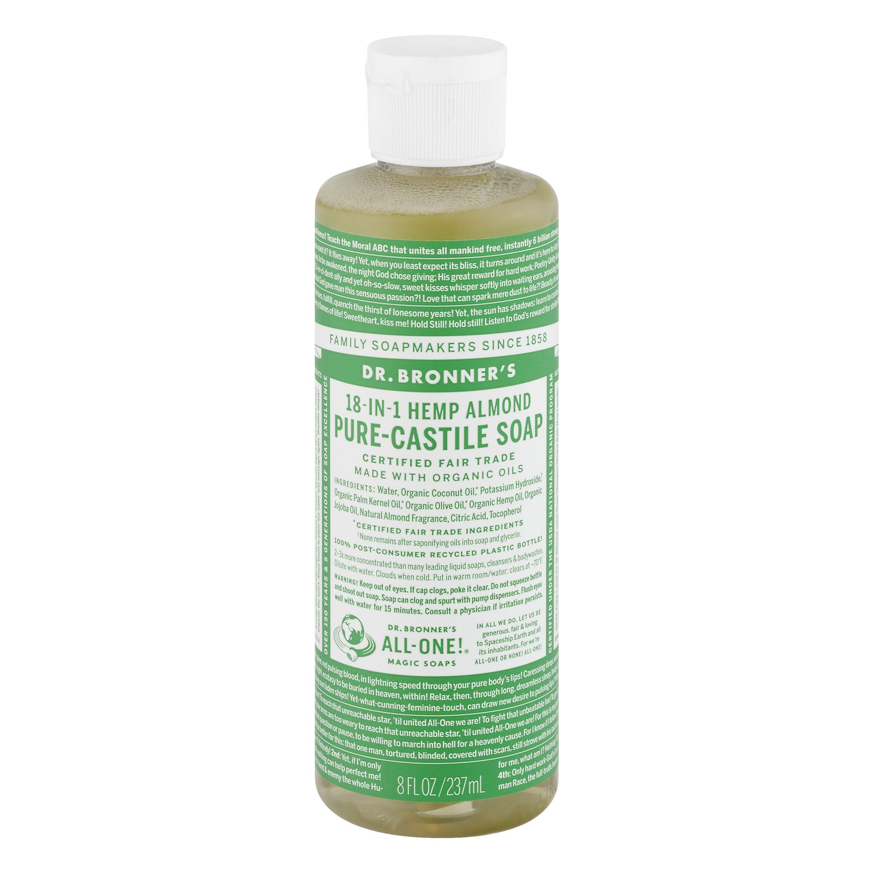 Dr. Bronner's 18In1 Hemp PureCastile Soap Almond, 8.0 FL OZ