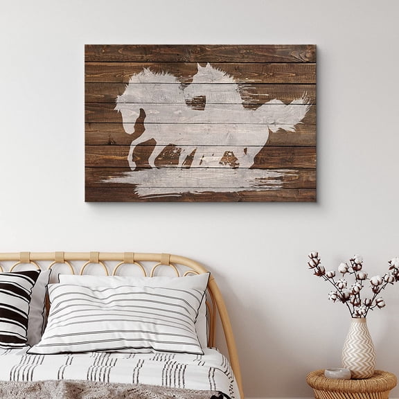 PixonSign Canvas Print Wall Art Wood Panel Style Two Horses Galloping Animals Wildlife Illustrations Modern Art Contemporary Portrait Relax/Calm Multicolor Warm for Living Room, Bedroom - 16"x24"
