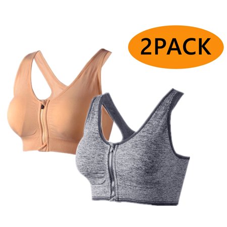 

High Impact Sports Bras for women Front Closure for Women Padded Bras Athletic Tops Wireless Yoga Bras Grey Beige L 2 Packs