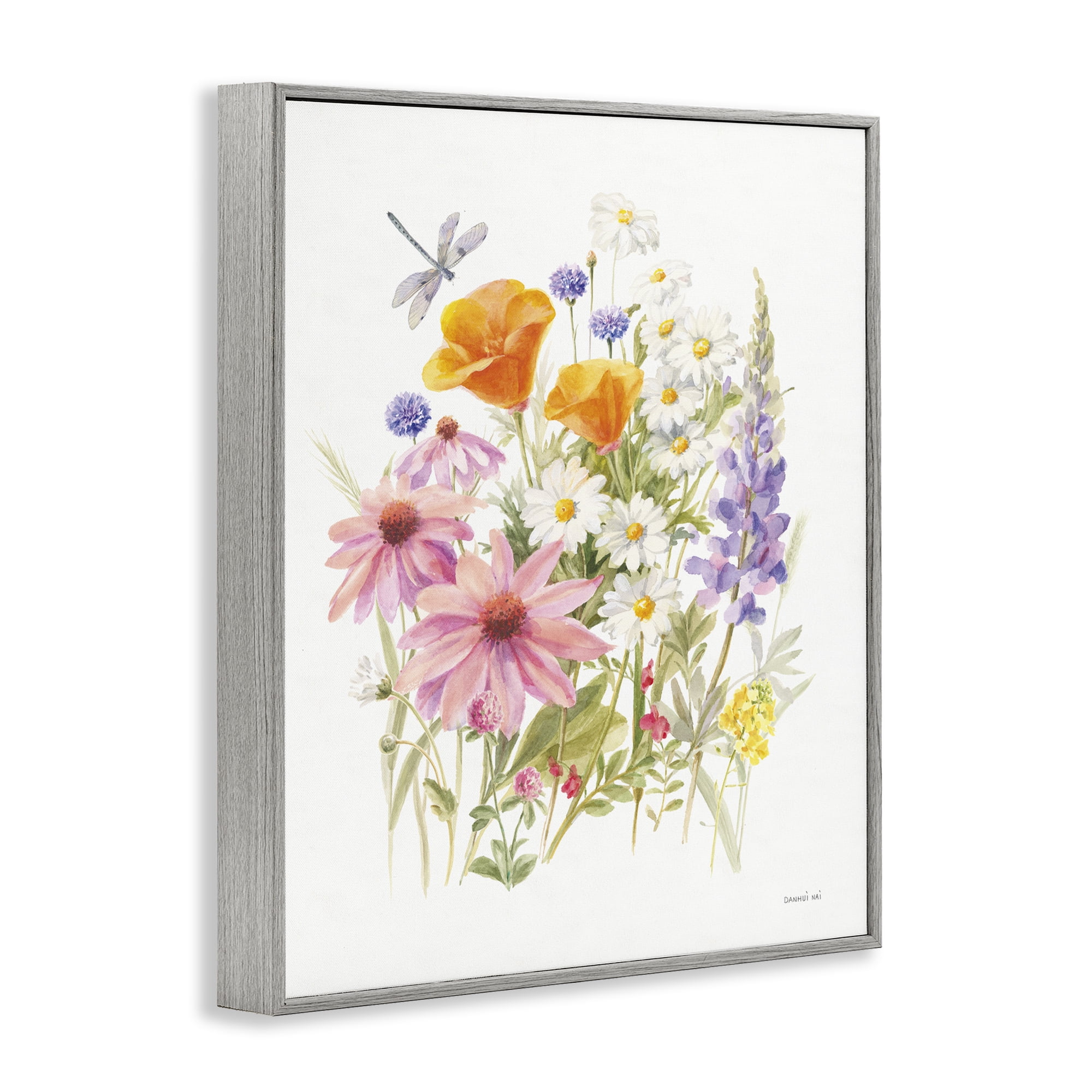Stupell Industries Bright Flowers & Dragonfly Botanical & Floral Painting Gray Framed Art Print Wall Art, 24 x 30