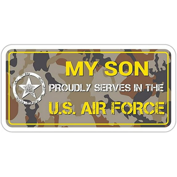 My Son Proudly serves in the US Air Force Vinyl Bumper Sticker Decal 3"x 6" Brown Camo