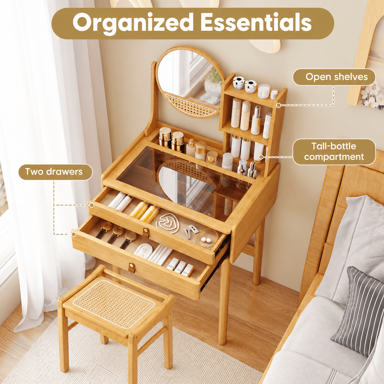 Furnibear Small Vanity Desk and Stool Set with Rotating Mirror and 2 Drawers, Bamboo Makeup Dressing Table with 3 Shelves for Small Bedroom, Natural