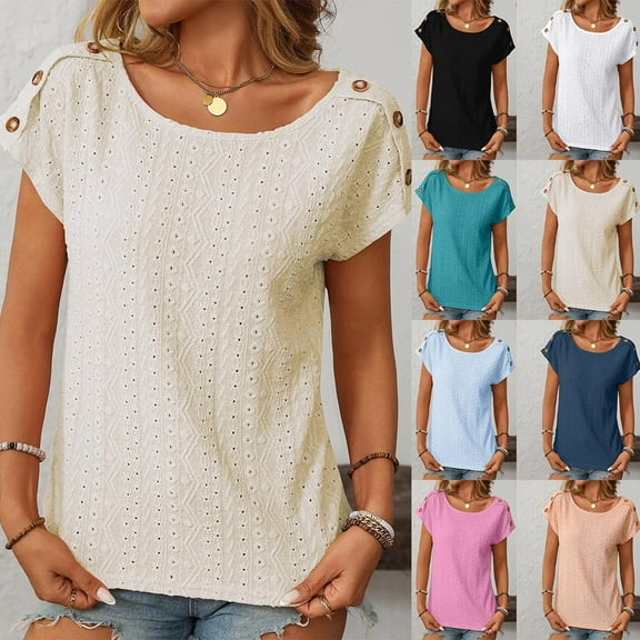 Fatuov Eyelet Tops for Women Summer Short Cap Sleeve T Shirts Trendy Casual Crew Neck Button Tees Blouses Beige