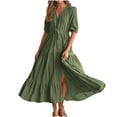 thumbnail image 2 of Kmdttou Women's Maxi Dresses Long Sleeve Casual Fashion Summer V-Neck Short Sleeve Button Drawstring Split Hem Solid Waist Dresses, 2 of 9