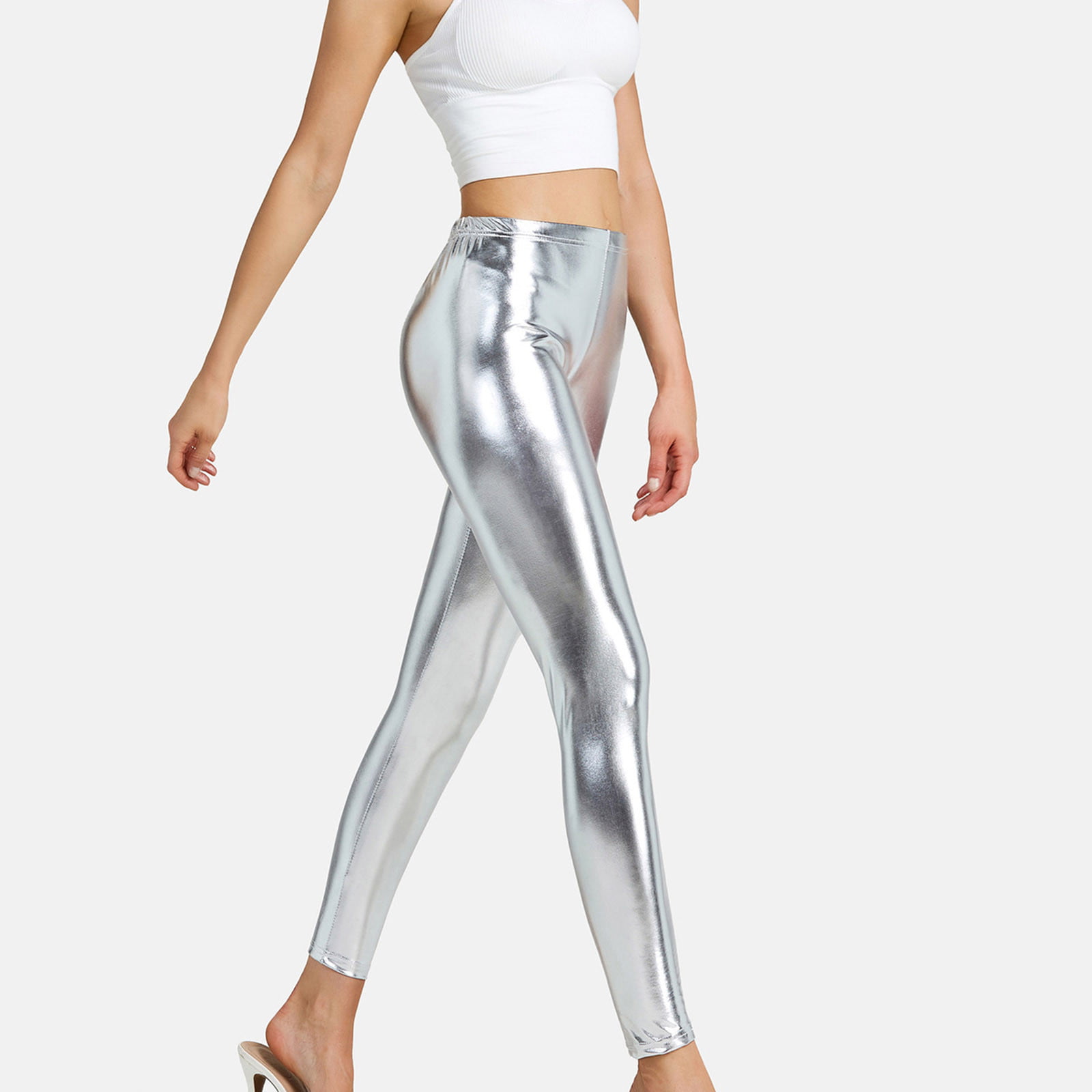 JWZUY Shiny Metallic High Waist Stretch Leggings Sparkly Clubwear