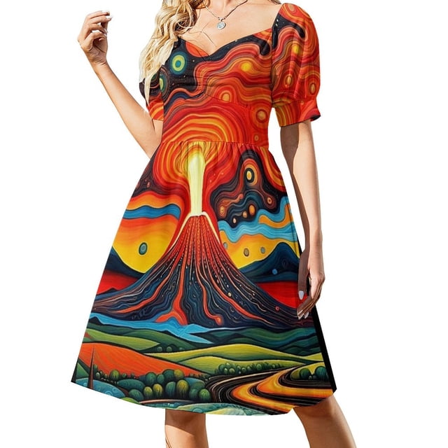 Erupting volcán por la noche 7 Vestido de manga corta Cóctel de vestidos vestidos para mujer ropa de mujer tendencia 2025