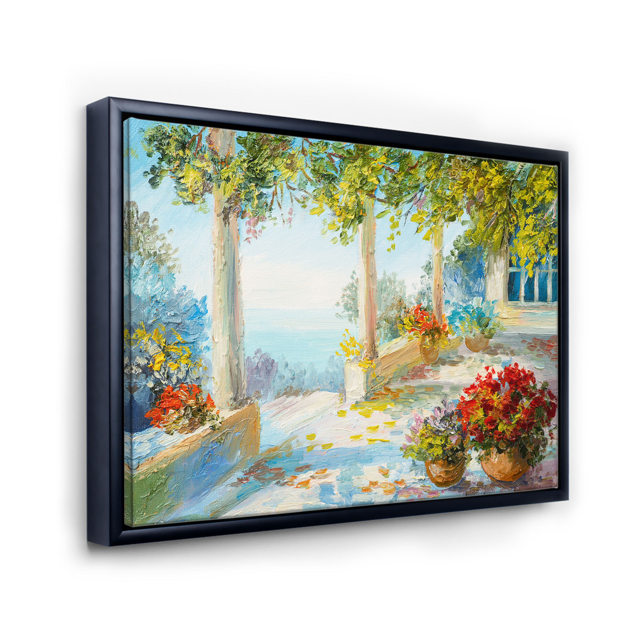 Designart 'Terrace With Red Flowers Near The Sea' Nautical & Coastal Framed Canvas Wall Art Print