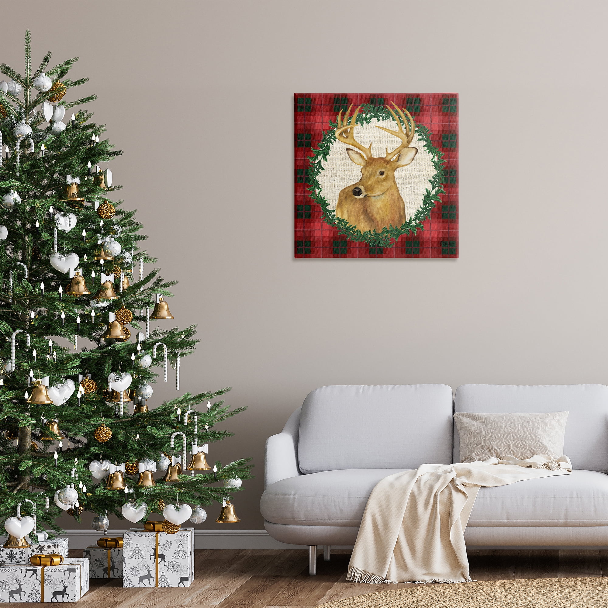 Stupell Industries Deer on Plaid & Wreath Holiday Painting Wrapped Canvas Art Print Wall Art, 30 x 30