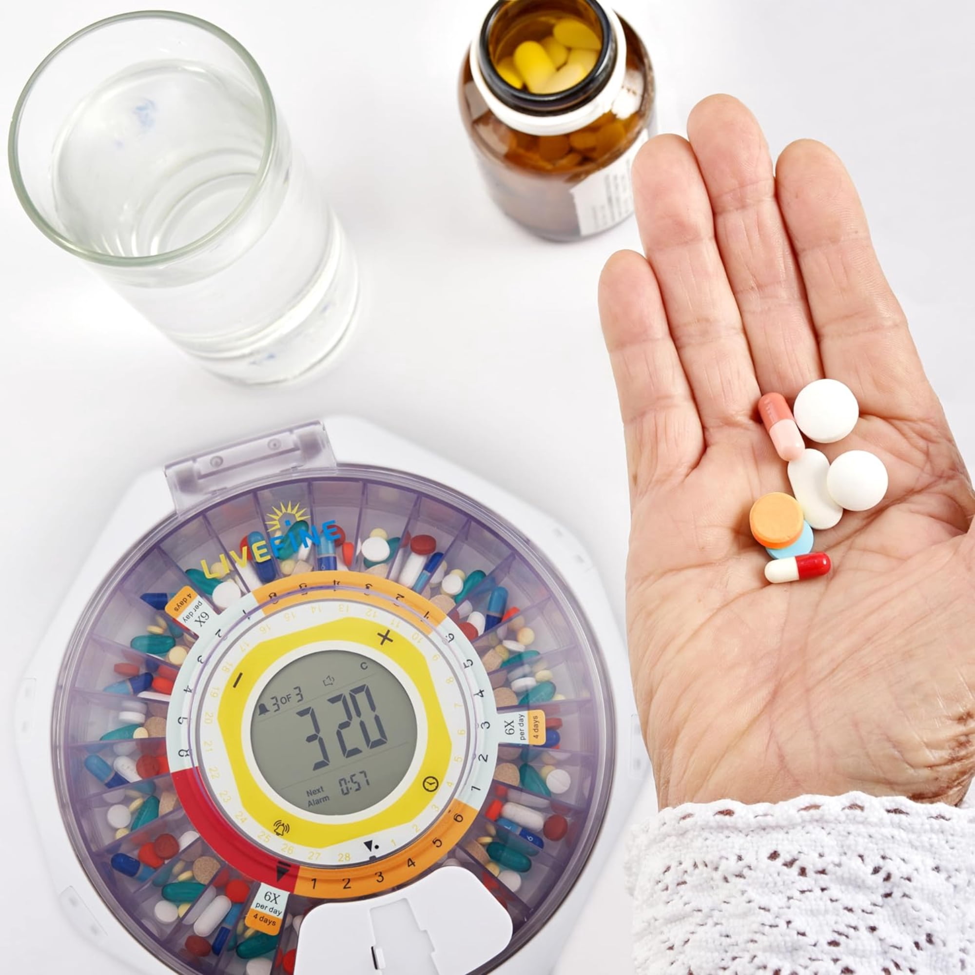 LiveFine Bluetooth Automatic Pill Organizer with Alerts, Lock & LCD - Clear Lid