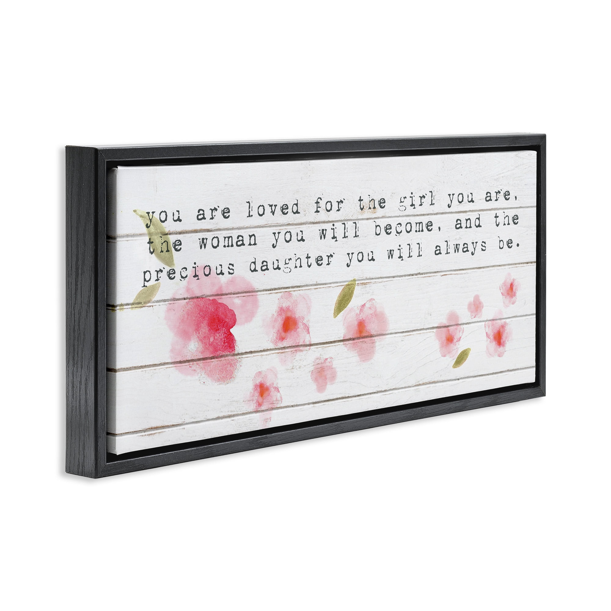 Stupell Industries Precious Daughter with Pink Flowers Art for Kids Painting Black Floater Framed Canvas Art Print Wall Art, 31 x 14