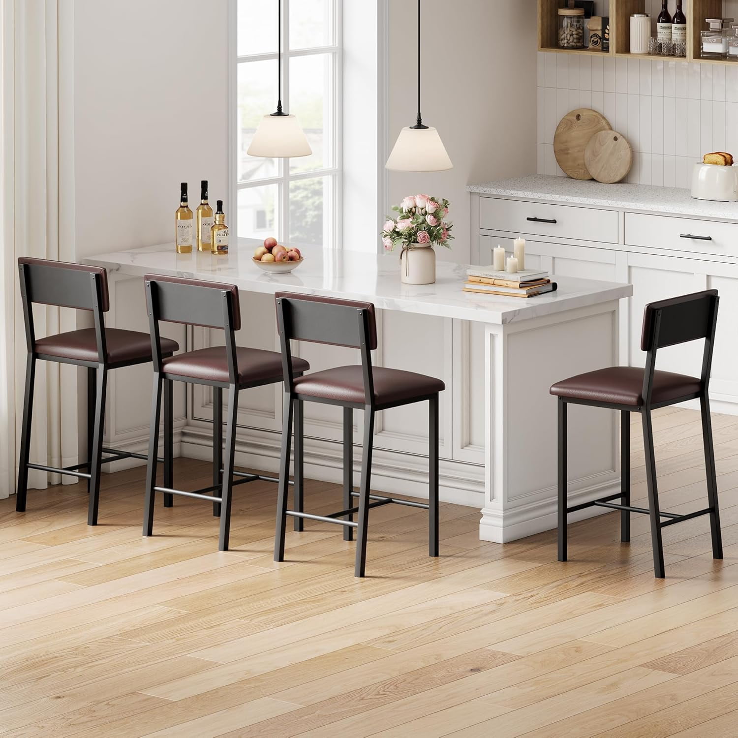 Bar Stools,25 Inch Counter Height Bar Stools Set of 4,Modern Faux Leather High Barstools with Footrest,Back and Metal Leg,Bar Chairs for Kitchen Island,Bar