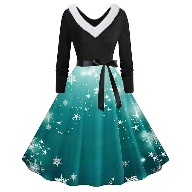 TIMIFIS Robes de Noël pour Femmes, Robes Maxi pour Femmes Robe Vintage de Vacances Manches Longues Col en V en Fourrure Robe Dos Nu