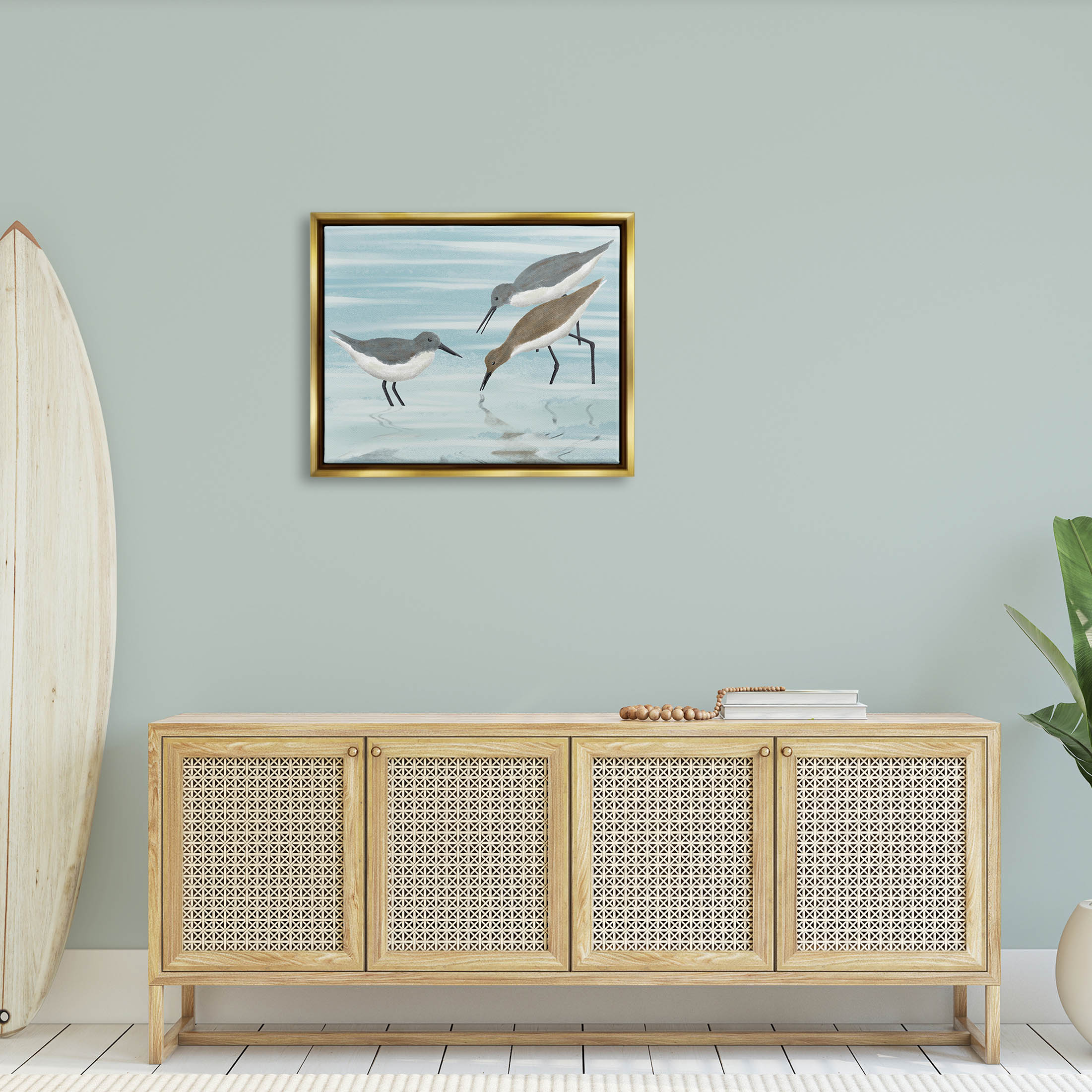 Stupell Industries Sandpipers Grazing Shallow Beach Water Graphic Art Metallic Gold Floating Framed Canvas Print Wall Art, Design by Marcus Prime