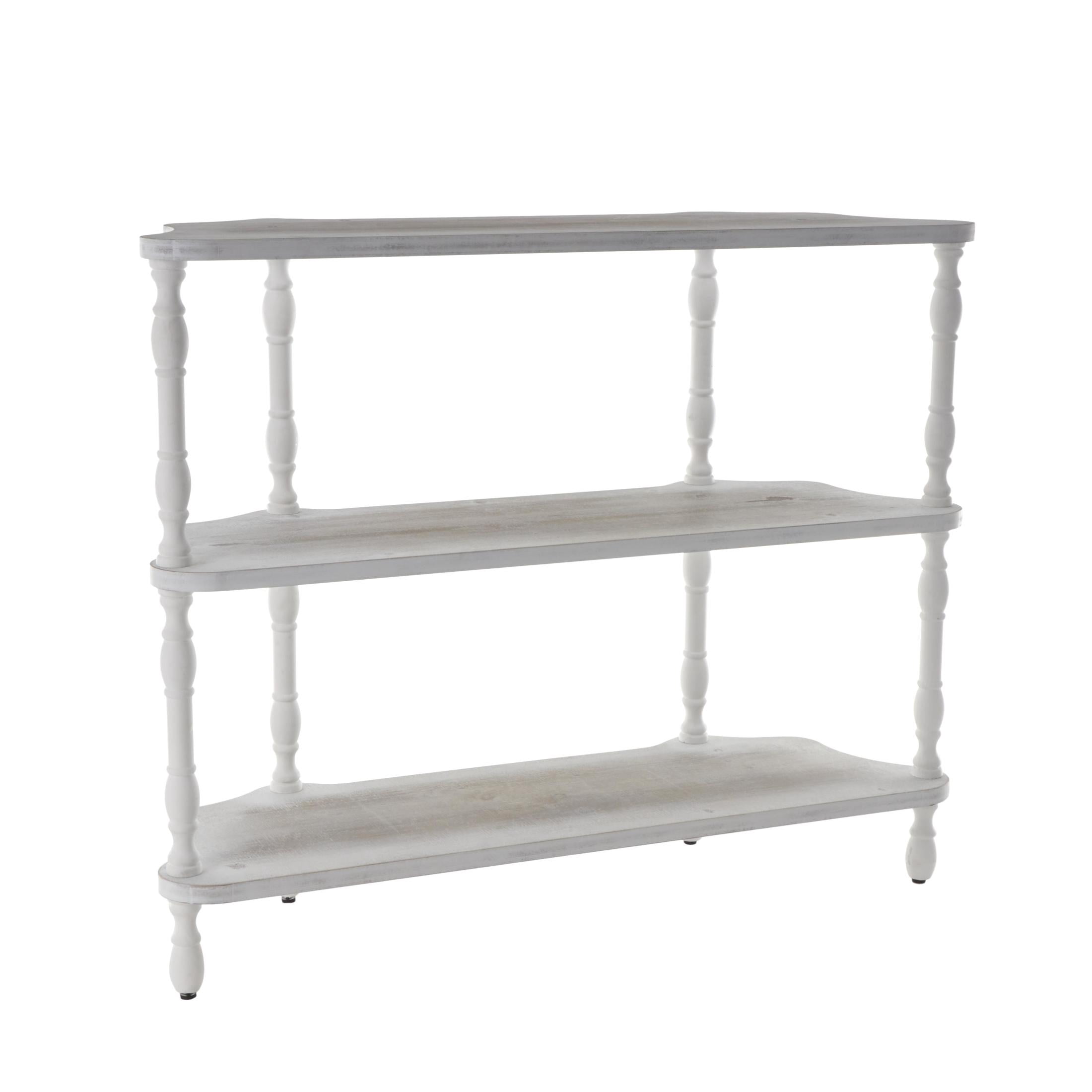 DecMode 47" x 38" White Wooden Washed 3-Tier Shelving Unit with Turned Legs and Wavy Corners, 1-Piece