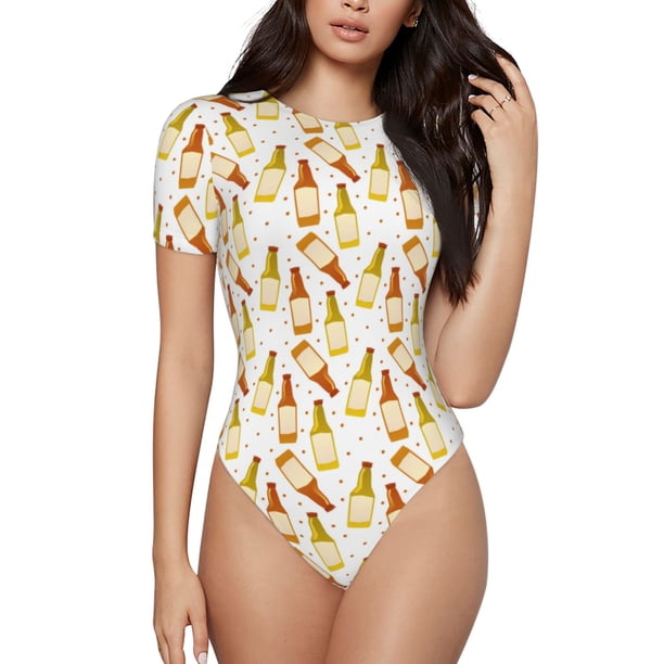 Balery Beer Bottles Body de cuello redondo de manga corta para mujer Tops de manga corta Tops básicos-XX-Large