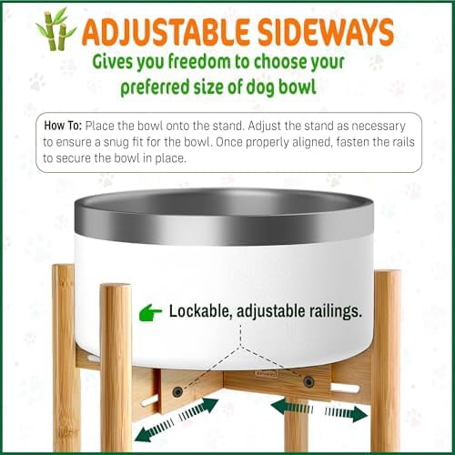 Dog Bowl Stand - Raise, Elevate Bowls to 9-inch High - Adjustable, Fits 6 up to 8-inch Medium Dog Food/Water Feeders, Dishes and Fountains - Durable Bamboo