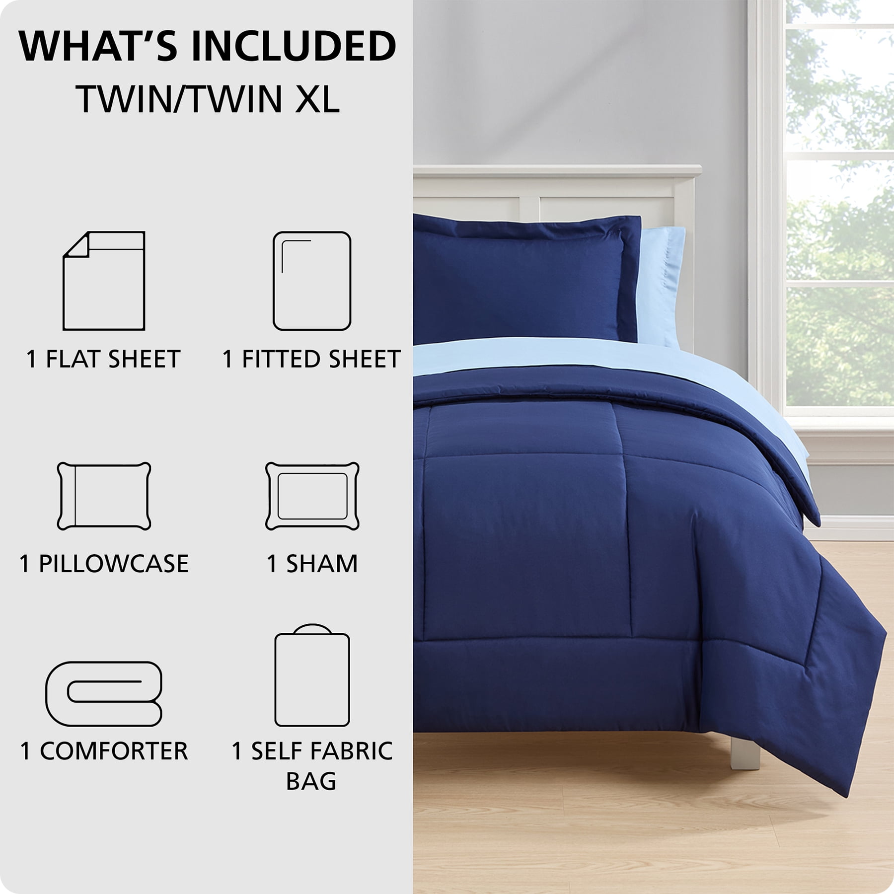 Mainstays All in One Reversible Bed in a Bag Set, 5 Piece, Twin, Navy