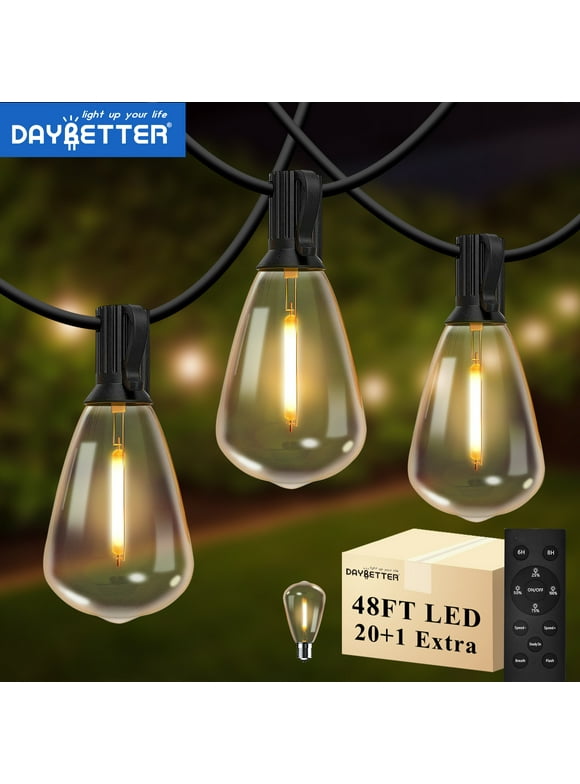 DAYBETTER ST38 Outdoor String Lights, 48ft Connectable Hanging Lights, with 2700K Dimmable Waterproof Bulbs for Porch Patio Backyard Canopy
