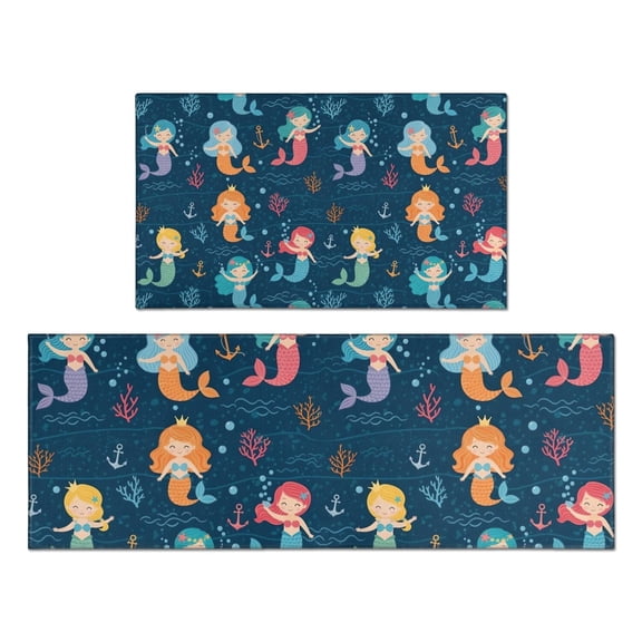 Dark Blue Mermaid Pattern Kitchen Rugs Sets Of 2,Anti Fatigue Kitchen Mat Rugs Non Slip Washable,Decorative Kitchen Floor Mats for Kitchen,Sink,Laundry,17"x30" 17"x47"