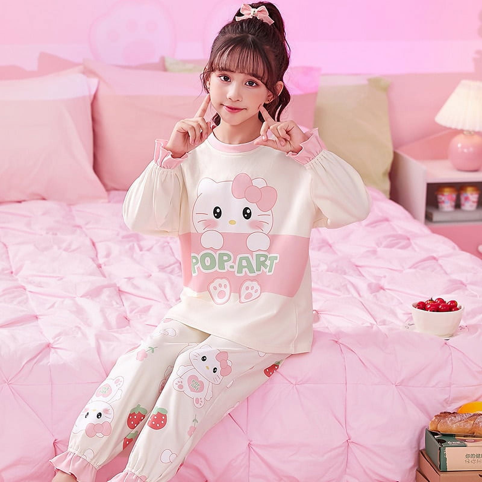 2023 New Kawaii Sanrio Hellokittyed Kuromi My Melody Cinnamonroll Pajamas  Autumn Winter Cute Children Girl Cartoon Home Clothing