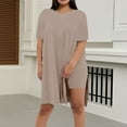 thumbnail image 2 of Women Shorts Sets Outfits Stylish Daily Wear Short Sleeve Solid Plus Size Round Neck Long Shirt Shorts Set Summer Outfits For Women Beige L, 2 of 6