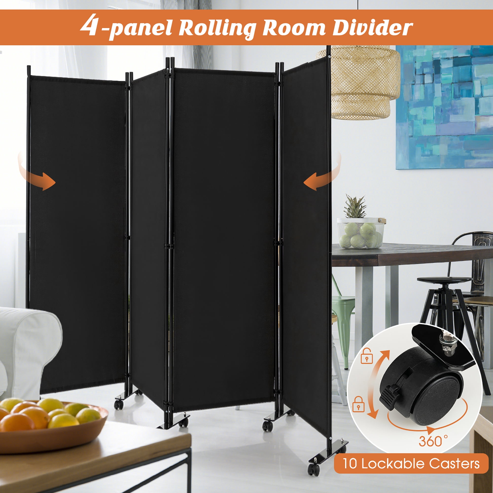 Costway 4-Panel Folding Room Divider 6FT Rolling Privacy Screen with Lockable Wheels Black