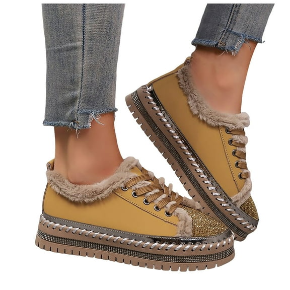 Women's Platform Fuzzy Casual Shoes Comfortable Plush Rhinestone Lace Up Sneakers Slip On Fluffy Winter Shoes Brown Size 8.5
