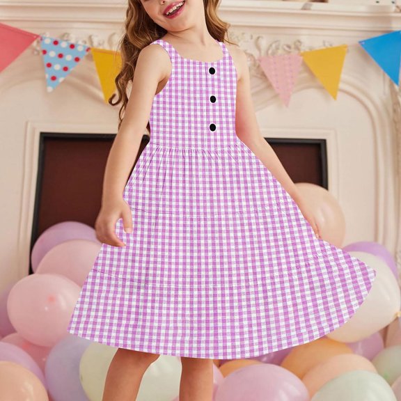 Toddlers Girls Plaid Dresses with Pockets Size 2-12 Kids Cute Sleeveless Crewneck Pullover Breathable Layered Going-Out Beach Dress