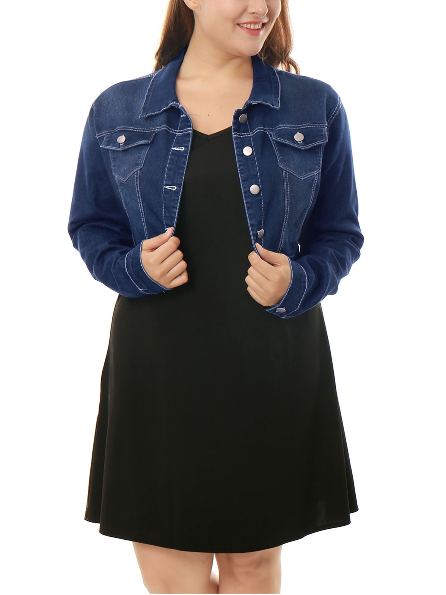 DARING DIVA Women's Plus Button Closed Cropped Denim Jacket 6X Dark Blue