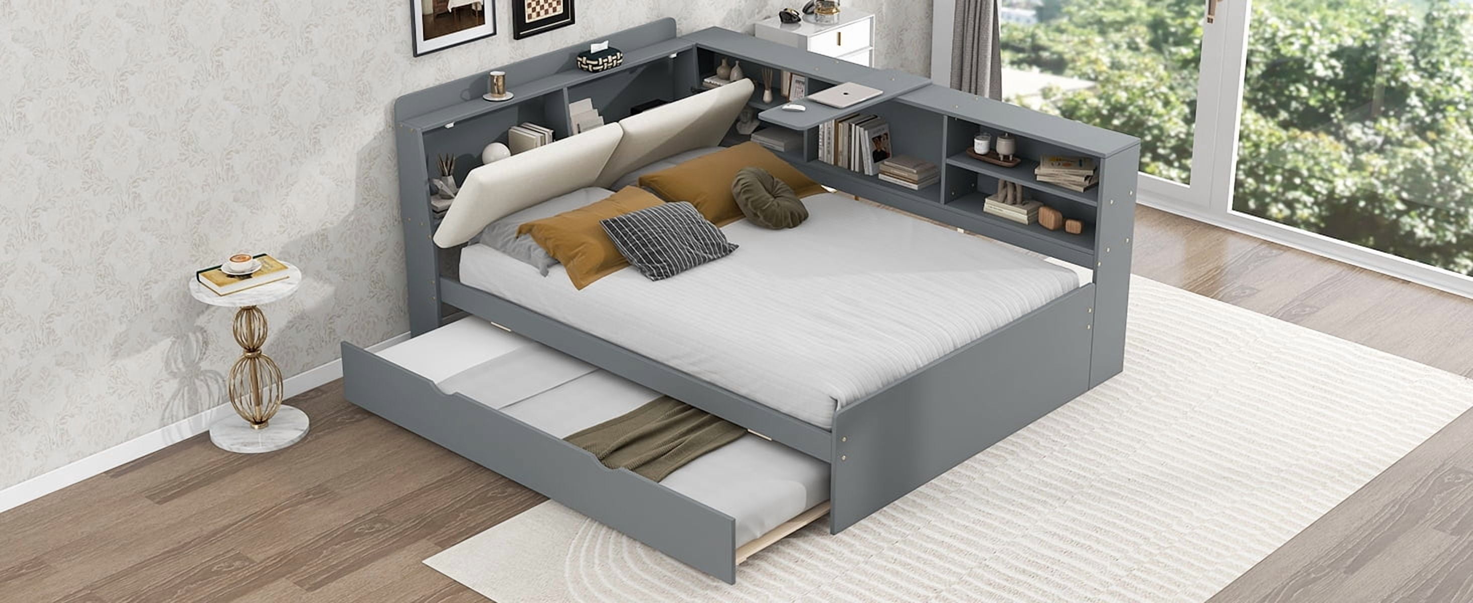 MAYEERTY Wood Full Size platform bed with Trundle, Shelves and Storage Headboard, Gray