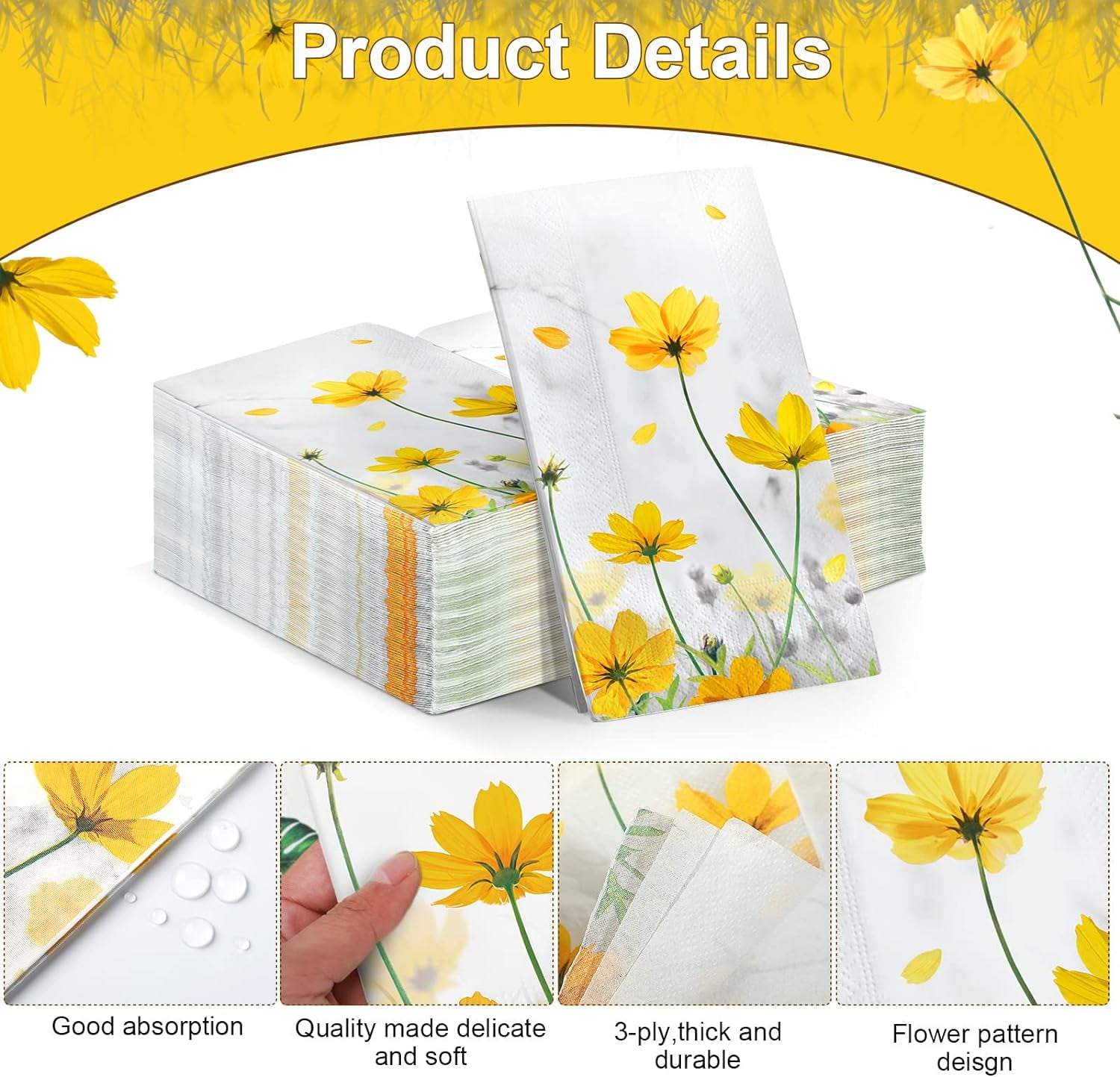 100 Pcs Floral Guest Napkins 3 Ply Yellow Flower Paper Napkins Floral Disposable Decorative Hand Towels for Wedding Bathroom Holiday Birthday Party Decor(Galsang Flower)