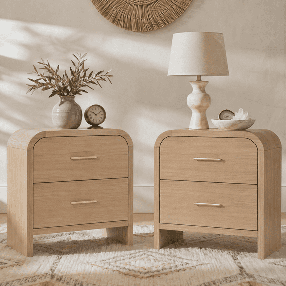 Vintagearth Nightstand Set of 2, 24" Tall Modern Curved Bedside Table, FSC-Certified Wood End Table, 2 Drawer Storage, Oak
