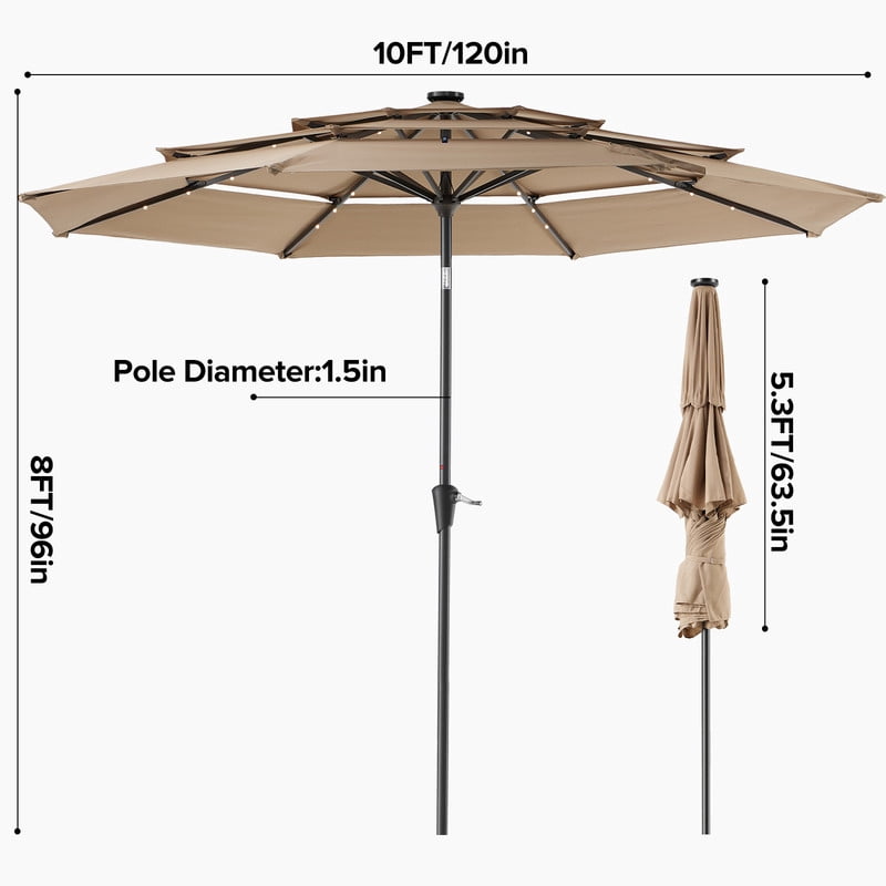 Gianna 10 FT 3-Layer Solar Patio Umbrella, 32 LED Lights Market Umbrella with Adjustable Tilt, 8-Rib Outdoor Sunshade for Backyard, Deck and Poolside，Khaki