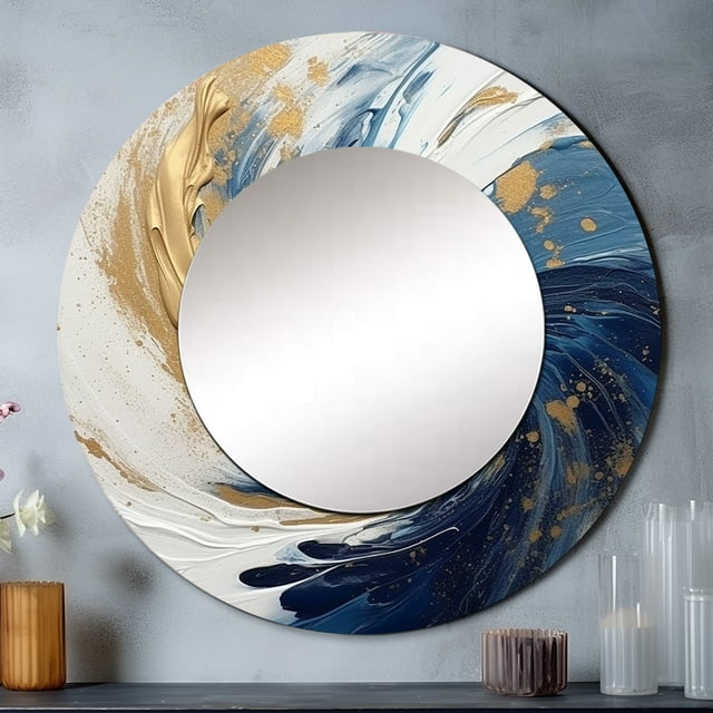 Designart "A Spiral in Dark Blue and Gold IV" Abstract Spirals Rund Mirror For Wall Decor - Large Blue Round Printed Mirror - Glam Round Mirror 29" x 29" Inch