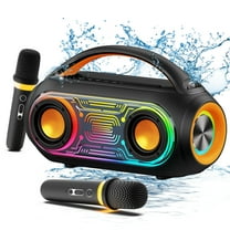 JYX Karaoke Machine, Bluetooth Speaker with Dazzling Party Lights, 2 Mics with 6 Voice Modes, IPX5 Waterproof