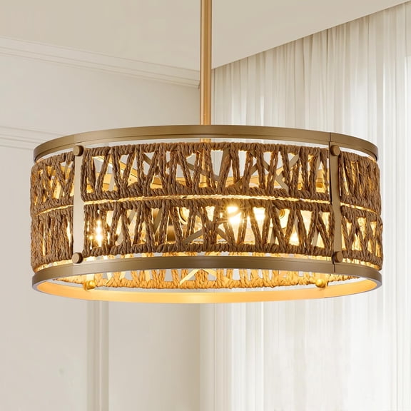 3 XIULIN Rattan Chandelier, Farmhouse Chandeliers for Dining Room, Rustic Boho Hanging XIULIN with Drum Shade, Adjustable Gold Woven Pendant XIULIN for Kitchen Island Living Room Bedroom